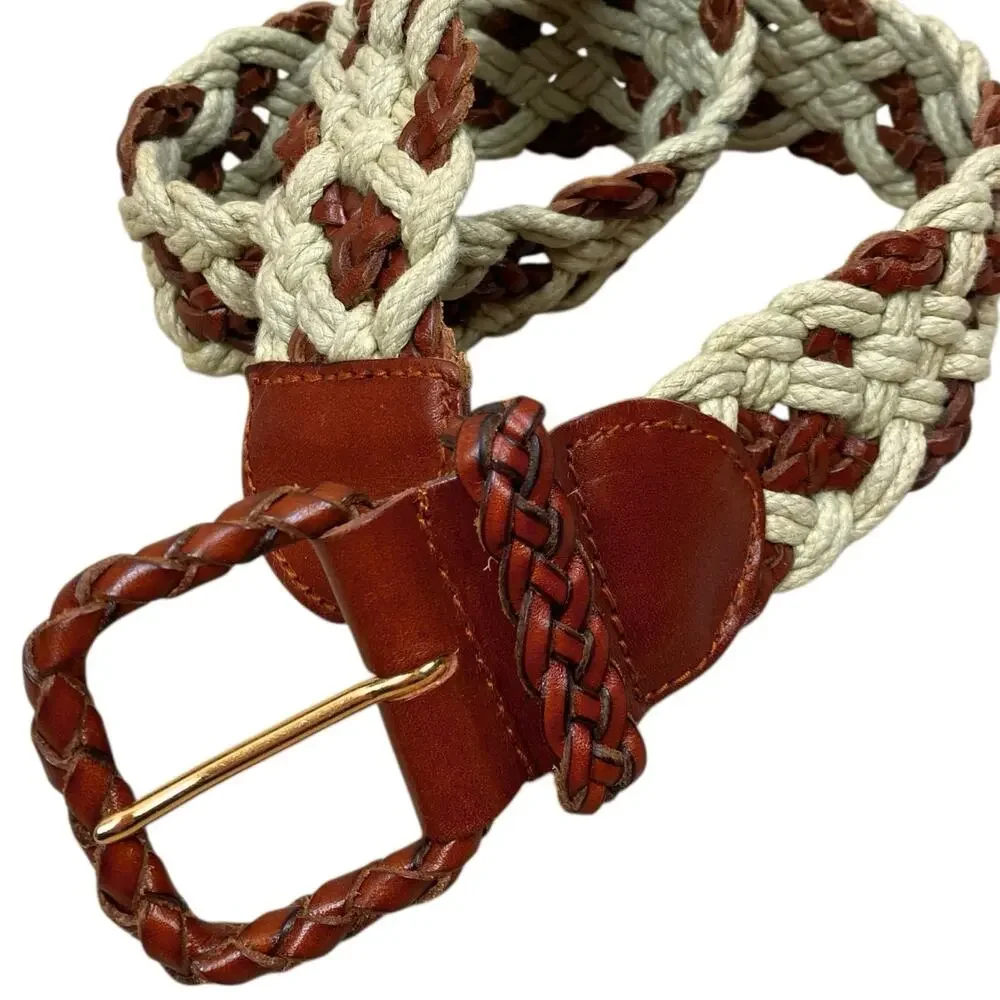 Vintage Fossil Leather Braided Wide Belt Size S Cream Brown Boho